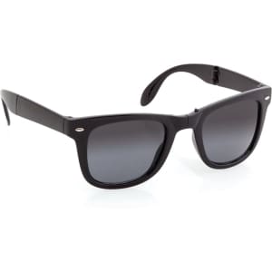 Black sunglasses with grey lenses, featuring a logo on the side, suitable for leisure and outdoor activities.