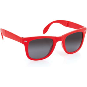 Red sunglasses with dark lenses and a classic frame design. Features a logo on the side.