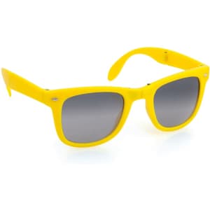 Yellow sunglasses with dark lenses, featuring a sleek design and a logo on the arm.