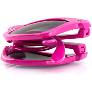 Folding pink sunglasses with dark lenses, featuring a sleek design and a logo on the frame.