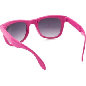 Bright pink sunglasses with gradient lenses and a sleek design, featuring a logo on the side.
