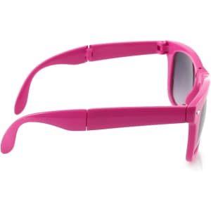 A pair of pink sunglasses with a sleek design and grey lenses, featuring a logo on one side.