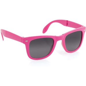 Bright pink sunglasses with dark lenses and a logo on the side. Ideal for leisure and outdoor activities.