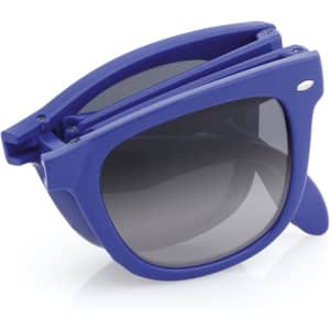 A pair of blue sunglasses with dark lenses, featuring a folding design and a logo on the frame.