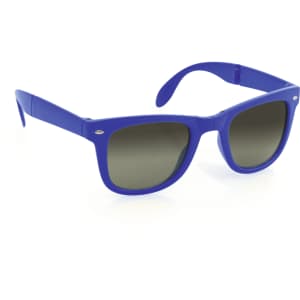 Purple sunglasses with dark lenses, featuring a logo on the side. Ideal for leisure and outdoor activities.