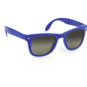 A pair of blue sunglasses with dark tinted lenses, featuring a logo on the side.