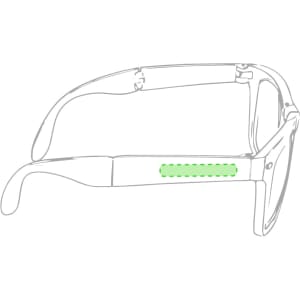 A pair of sunglasses with a clear frame and a green accent on the arm. Features a logo on the side.
