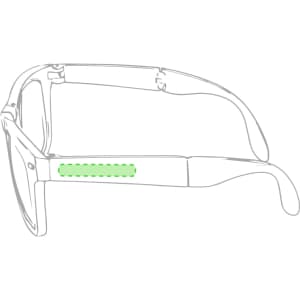 A pair of sunglasses featuring a green accent on the side arm, with a transparent frame.