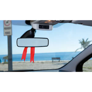 A car’s rearview mirror featuring two red ribbons hanging down, with a beach and ocean view in the background.