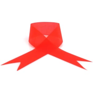 A bright red ribbon with pointed ends, designed for decorative purposes. It has a smooth, glossy texture.