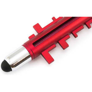 A red stylus touch pen with a silver tip and a textured design. It features a logo on its surface.
