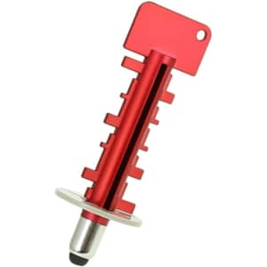 A red stylus touch pen with a unique design and a silver tip, featuring a branding logo.