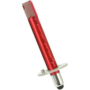 A red stylus touch pen with a silver tip and a circular base, featuring a branding logo.