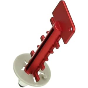 A red key-shaped tool with hooks, attached to a white base. It features a circular design with a mounting hole.