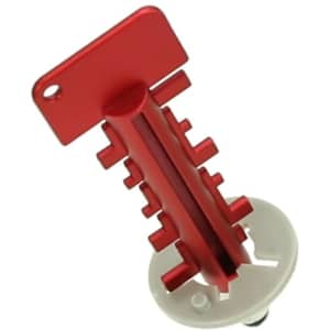 A red and white stylus touch pen with a unique design and a circular base, featuring a logo.
