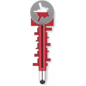 A stylus touch pen in red, featuring a unique key-shaped design with a circular top and a black tip.
