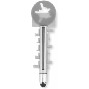 A silver stylus touch pen with a round tip and a branding logo.