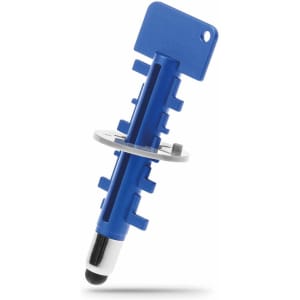A blue stylus touch pen with a circular clip and a black tip. It features a keyhole for attachment.
