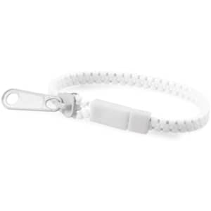 A white Hirion bracelet with a secure fastening, featuring a simple yet stylish design. Includes branding details.