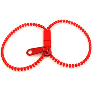 A red Hirion Bracelet with a unique design featuring a zip-like fastening and a circular arrangement of small beads.