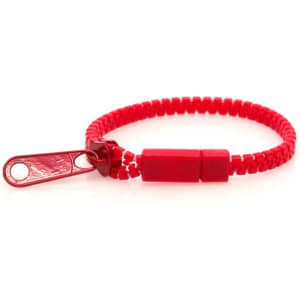 A red Hirion bracelet featuring a woven design and a decorative clasp. It includes a logo on the clasp.