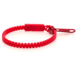 A red bracelet with a textured design and a fastening clip. It features a logo on one side.