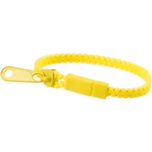 A yellow Hirion bracelet featuring a woven design and a unique fastening mechanism.