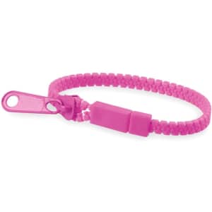 A pink Hirion bracelet featuring a woven design and a small attachment loop.