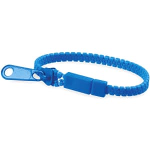 A blue bracelet featuring a clasp with a small logo, designed as a clothing accessory.
