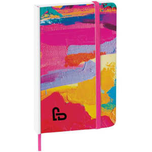 A notepad with a vibrant, multicoloured abstract design and a pink elastic band. Features a logo on the cover.
