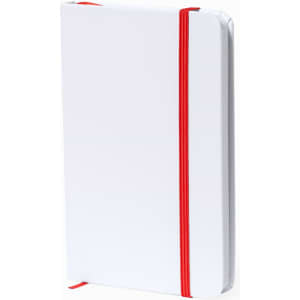 A white notepad with a red elastic band, featuring a simple design and a logo on the cover.