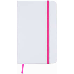 A white notepad with a pink elastic band closure and a matching ribbon bookmark. It features a logo.