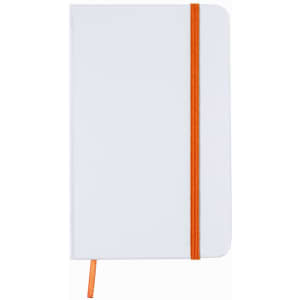 A white notepad with an orange elastic band and a ribbon bookmark, featuring a simple design with a logo.