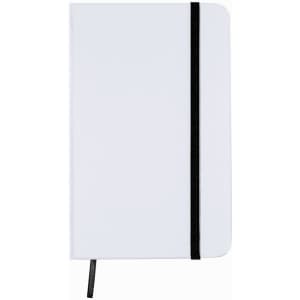 A white notepad with a black elastic band and black ribbon bookmark. It has a sleek, minimalist design.
