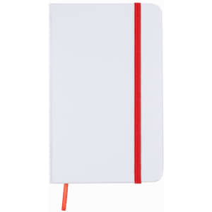 A white notepad with a red elastic band and a ribbon bookmark. It features a simple design with no additional markings.
