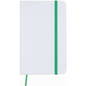 A white notepad with a green elastic band and a matching bookmark. The notepad features a simple design.