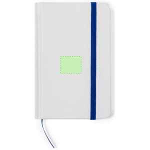 A white notepad with a blue elastic band and a placeholder for branding. Features a ribbon bookmark.