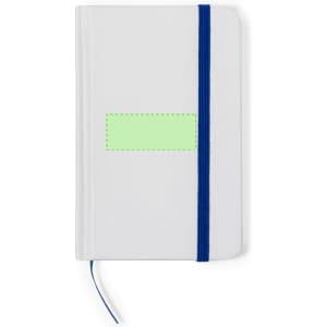 A white notepad with a blue elastic band and a placeholder for customisation on the cover.