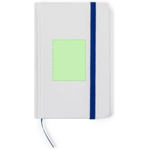 A white notepad with a blue elastic strap and a blank green accent area on the front cover.