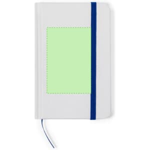 A white notepad with a blue elastic band and a placeholder for customisation on the cover.