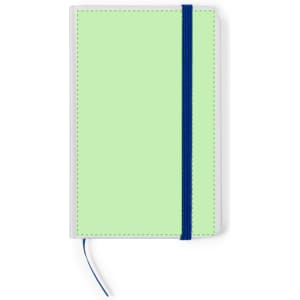 A green notepad with a blue elastic band and a ribbon marker, featuring a simple design.