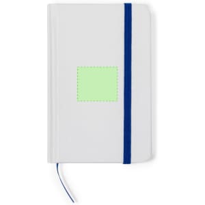 A white notepad with a blue elastic band and a blank green square on the cover, featuring a logo.