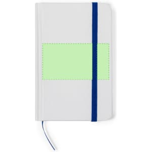 A white notepad with a blue elastic band, featuring a blank green section for custom branding or notes.
