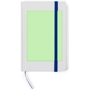 A white notepad with a green front cover section, secured with a blue elastic band and featuring a ribbon bookmark.