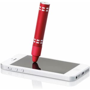 A red stylus touch pen is resting on a smartphone screen, featuring a logo on the pen.