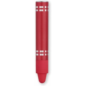 A red stylus touch pen with a sleek metallic finish and a rubber tip, featuring a simple design and a logo.