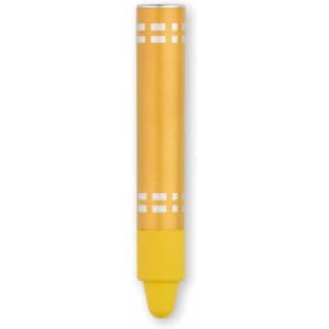 A yellow stylus touch pen with a sleek design, featuring decorative silver lines and a rounded tip.