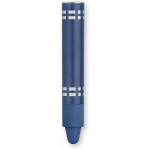 A blue stylus touch pen with silver detailing and a rounded tip, featuring a logo.