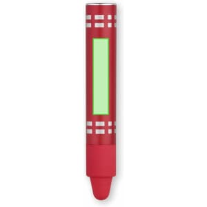 A red stylus touch pen with a rubber tip and a rectangular area for custom branding.