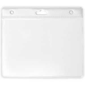 A clear, plastic name badge holder with a horizontal orientation and a top slot for a lanyard or clip.